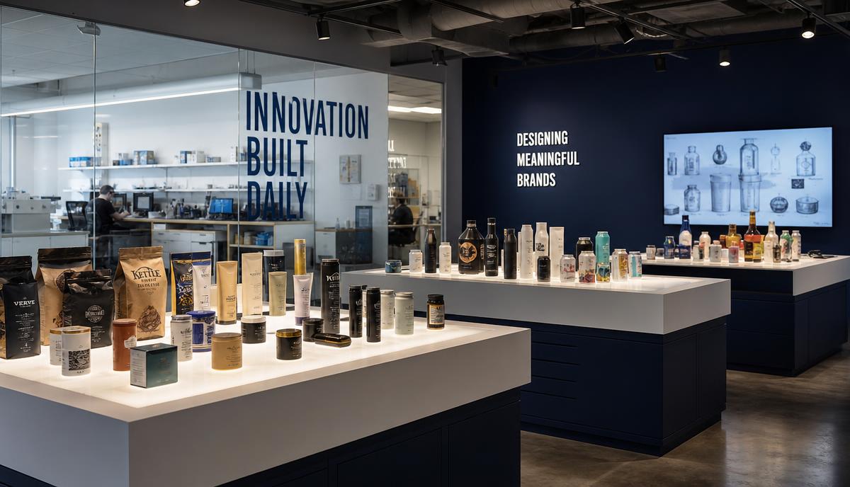 Modern consumer products innovation studio with CPG packaging prototypes