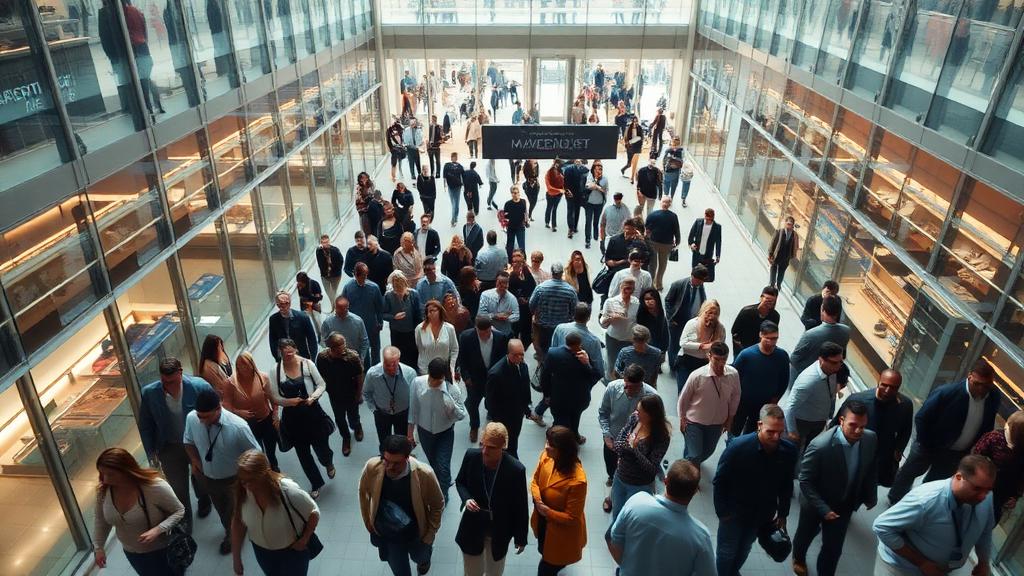 Diverse crowd in a modern atrium representing real target customers for market research