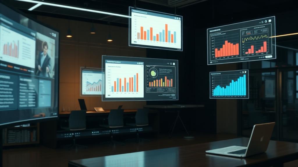 Modern research workspace with floating data dashboards representing post-exposure survey and qualitative review