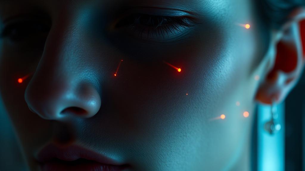 Close-up face with subtle data points representing second-by-second emotional tracking