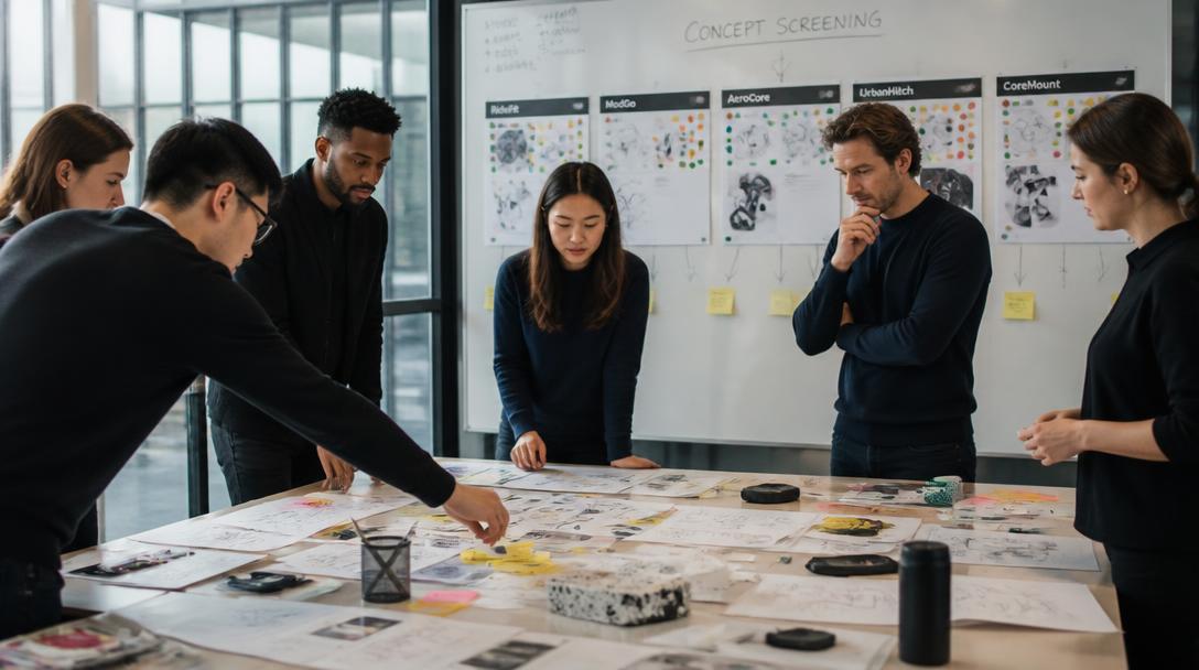 Innovation team reviewing concept sketches and shortlisted ideas during an ideation workshop