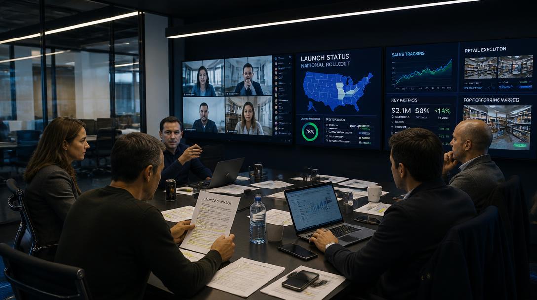 Launch war room with cross-functional team monitoring rollout dashboards, sales tracking, and retail execution