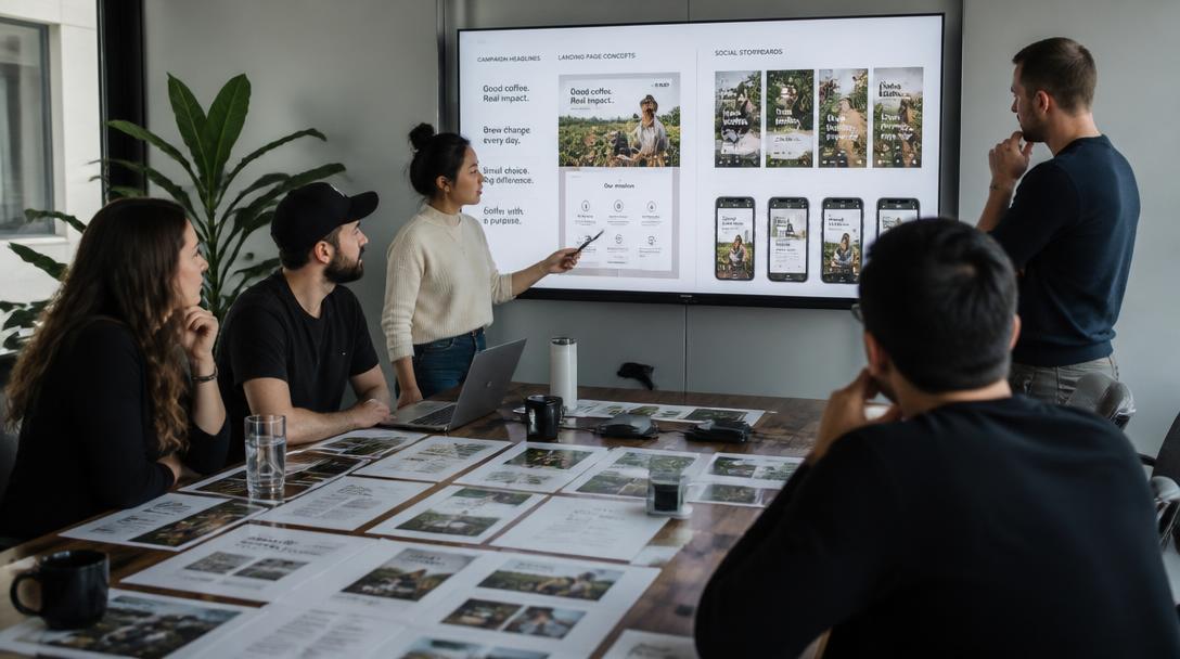 Marketing team reviewing campaign storyboards, landing page concepts, and social assets on a large screen