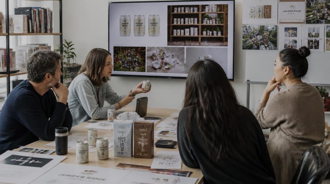 Design team evaluating packaging mockups and shelf-ready prototypes in a studio review