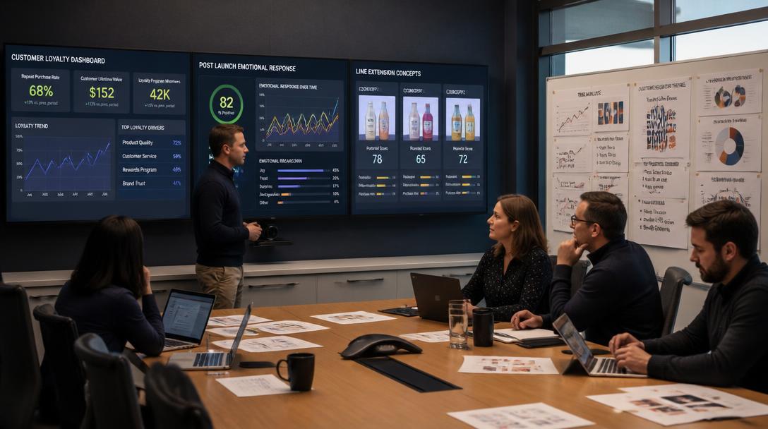 Analytics team reviewing customer loyalty dashboards, post-launch emotional response metrics, and line extension concepts