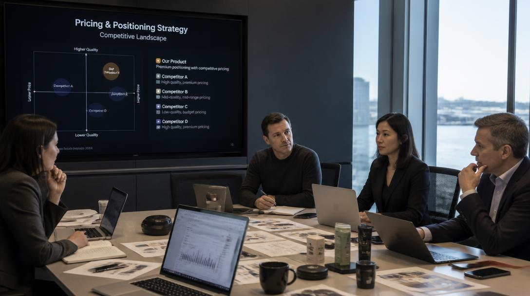 Strategy team analyzing competitive pricing and positioning matrices in a conference room