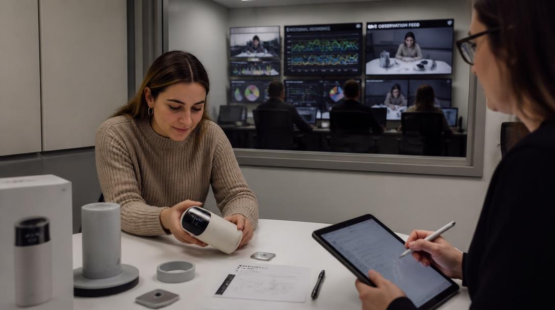 User research lab where a customer evaluates a product prototype while researchers observe emotional response data